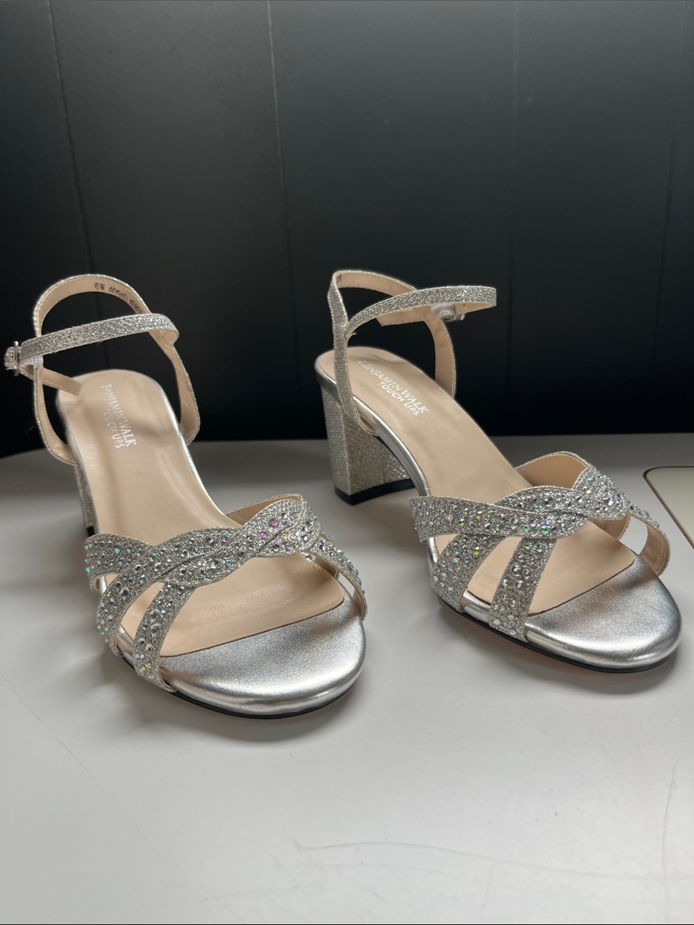 Benjamin Walk Silver Rhinestone Block Heel Sandals